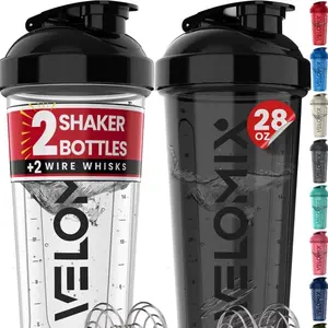 2-Pack 28 oz Leak-Proof Protein Shaker Bottles with 2x Wire Whisks, for Protein Mixes (Black/Transparent)