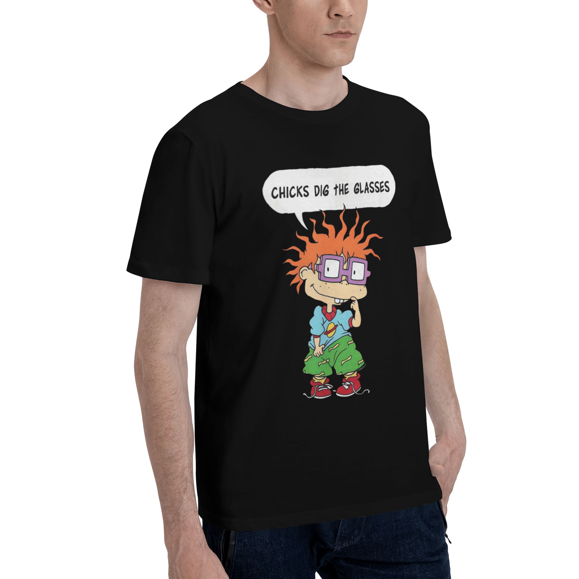 Rugrats Chucky Chick Loves Glasses T-shirt, 100% Cotton, Holiday Gift, in-Store Explosion, Get a Lot of Praise, Male, Female, Dad, Family, Mother, Friend AAA,180G, round Collar in Black, glasses