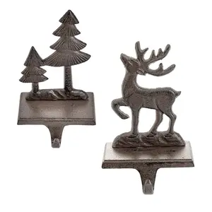Sungmor Christmas Stocking Holders, 2PC Cast Iron Mantel Hooks Home Decor Holiday Gifts, Heavy-Duty Anti-Slip Fireplace Hangers, Christmas Tree Reindeer Pattern Hooks for Xmas Shelf Topper Decoration