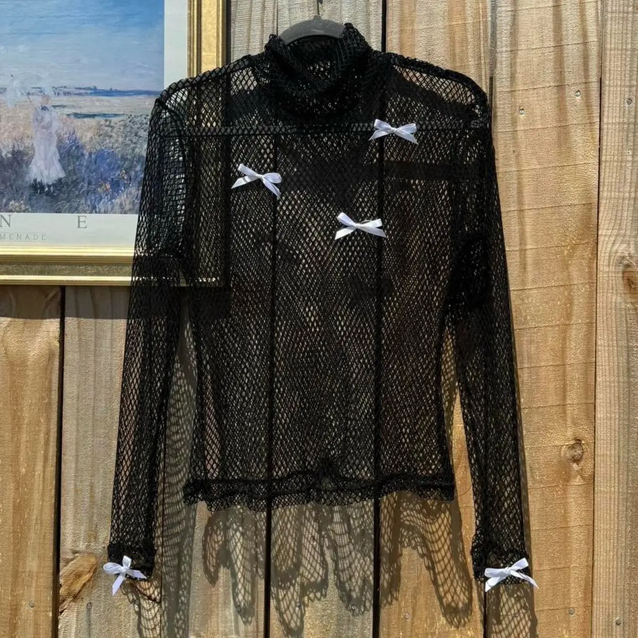 VINTAGE BLACK FISHNET BOW TURTLE NECK SWEATER