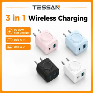 【Fast Charger】 Tessan 3-in-1 PD20W USB C Charger Block with Built-in Wireless Watch Charging, Dual Ports Wall Charger Compatible with iWatch Ultra/9/8/7/6, iPhone 17/17 Pro/16/16 Pro/15 Series, Electronic Cellphone, Apple Watch Seires
