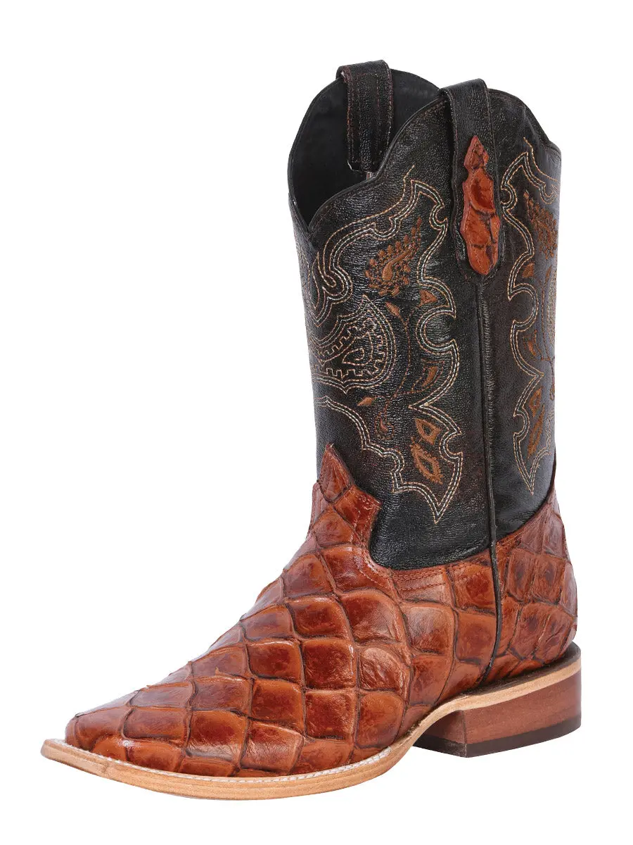 Botas Rodeo de Pirarucu Grabado Punta Cuadrada Color Cognac - El General