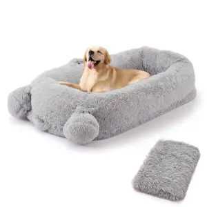 Human Dog Bed for Adults, Orthopedic Pet Sofa Foam Couch with Blanket, Removable Cover, Storage Pockets for Large/Medium Dogs