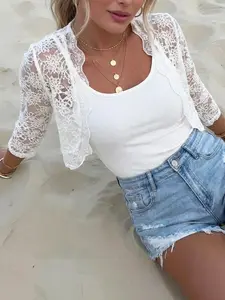 [2-piece set] Women's Lace Floral Hollow Out Cardigan Shawl Set, Casual Fitted Short Vest, All Seasons, Perfect for Travel and Daily Commute, Tops