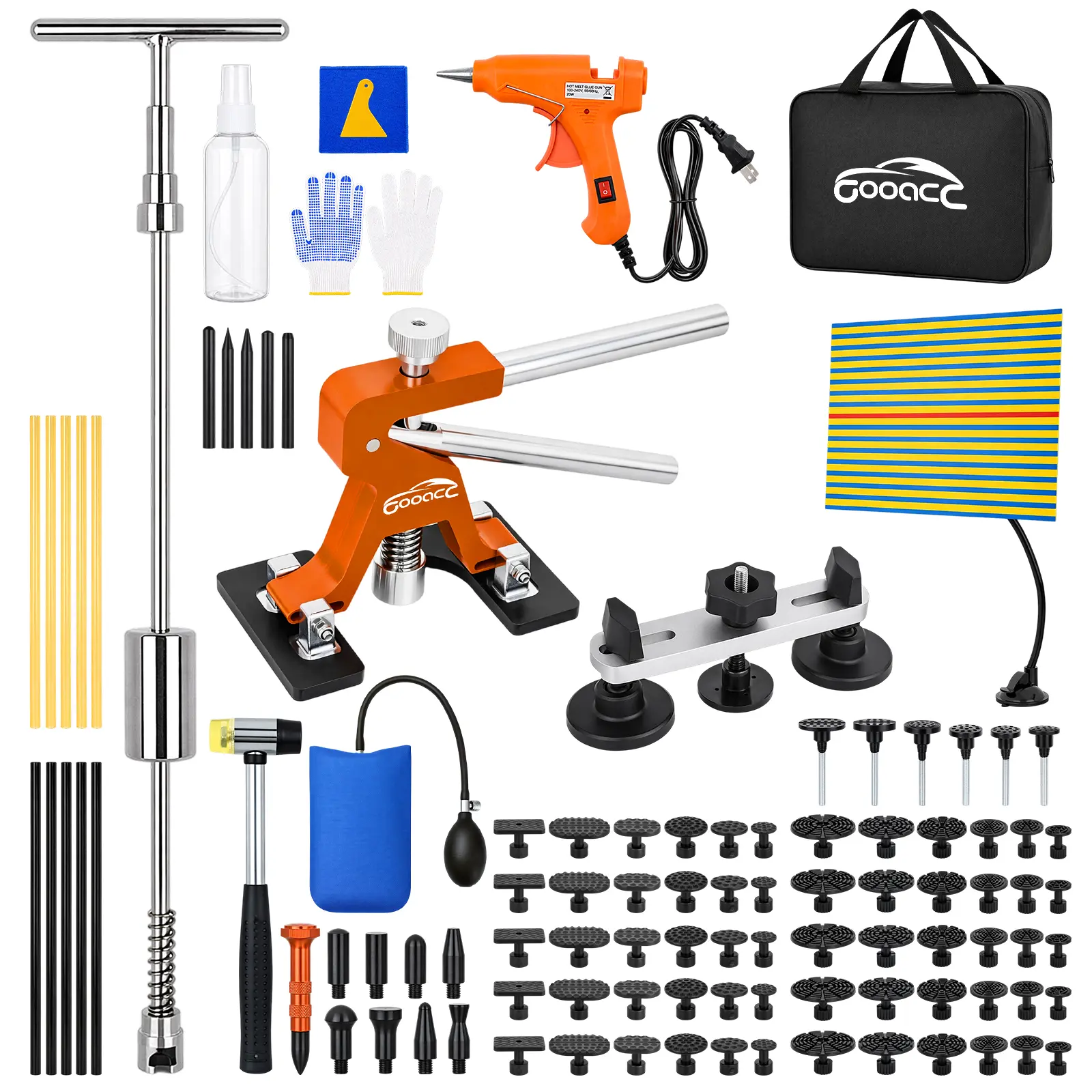 GOOACC 100 PCS Paintless Dent Repair Kit Set, Cars Accessories Dent Fixing Tool with Adjustable Lifter Bridge Pullers, 2-in-1 T-Bar Slider Hammer, Glue Gun & Reflector Board for Hail Damage, Door Dings