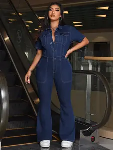 Plus Size Women's American Vintage Denim Jumpsuit, Waist Cinch Buckle + Flare Leg, Perfect for Pear Shape, Supermodel Proportions