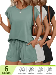 Women's Solid Curved Hem Tee & Adjustable Drawstring Waist Shorts Set, Casual Cap Sleeve T-Shirt & Pocket Shorts, Summer Loungewear,Top selling items, Limited time deal,Top quality ,Sturctured top,Summer must-buy,stuctured set