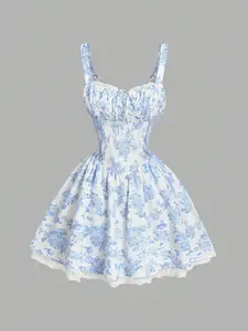 Women's Blue White Print Mini Dress, Lace Trim Cami Dress, Criss Cross Back Dress, Spring Date Dress