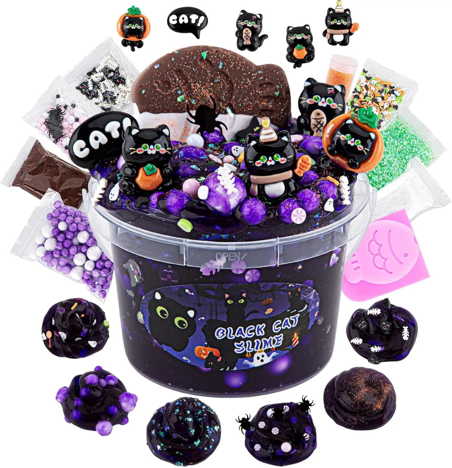 300ml Black Cat Slime Kit with Clay – Purple Clear Slime Bucket with 9 Cat-Themed Add-Ins for Kids, Non-Sticky DIY Slime Toy for Girls & Boys, Great for Birthdays, Halloween, Christmas & Easter