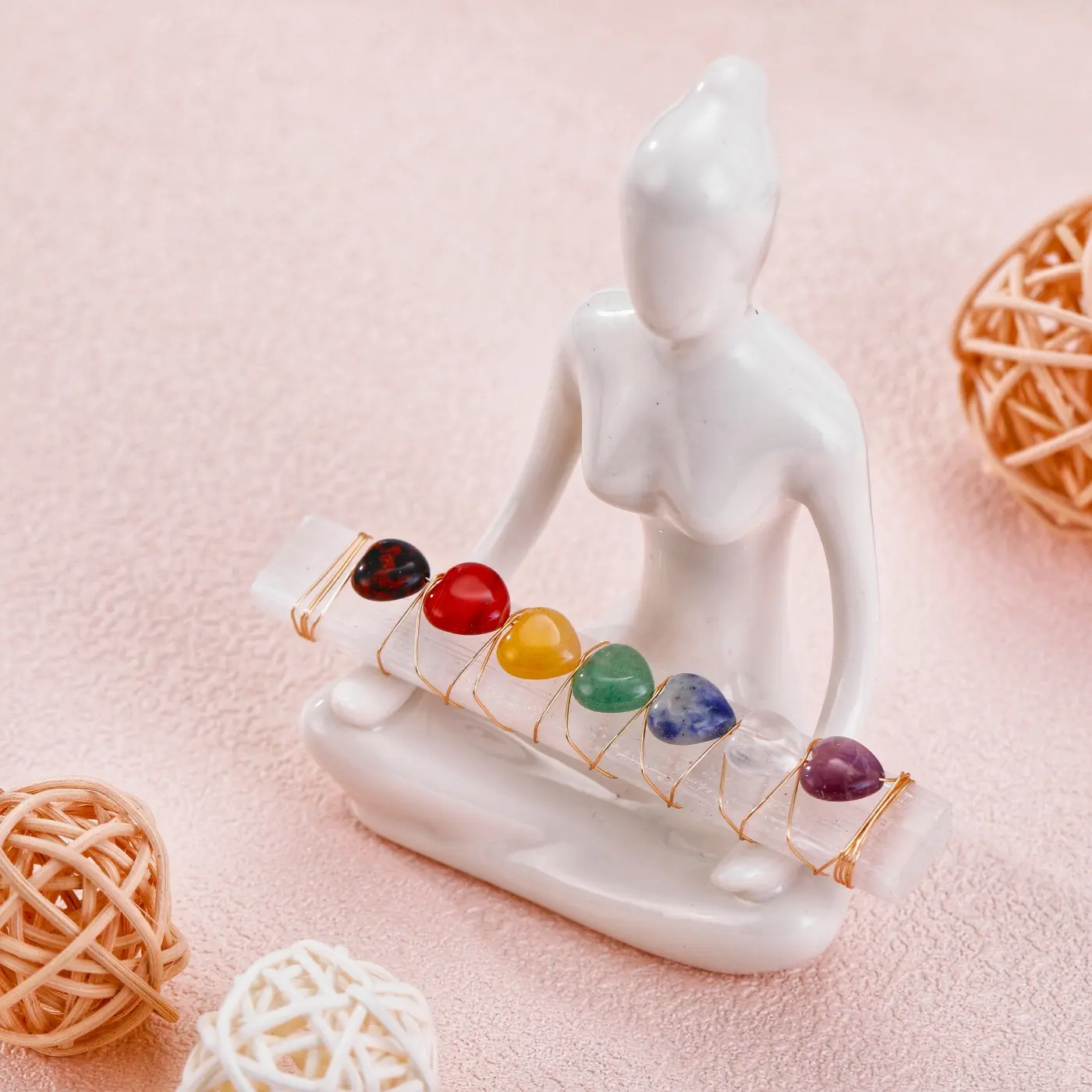 [Magic Crystal] 7 Chakra Selenite Wand with Crystal Chips, Red Obsidian, Sodalite, Yellow Agate, Green Strawberry Quartz, Deals for You Days, Portable, Yoga, Therapy Meditation Reiki Gift, Decorative Article