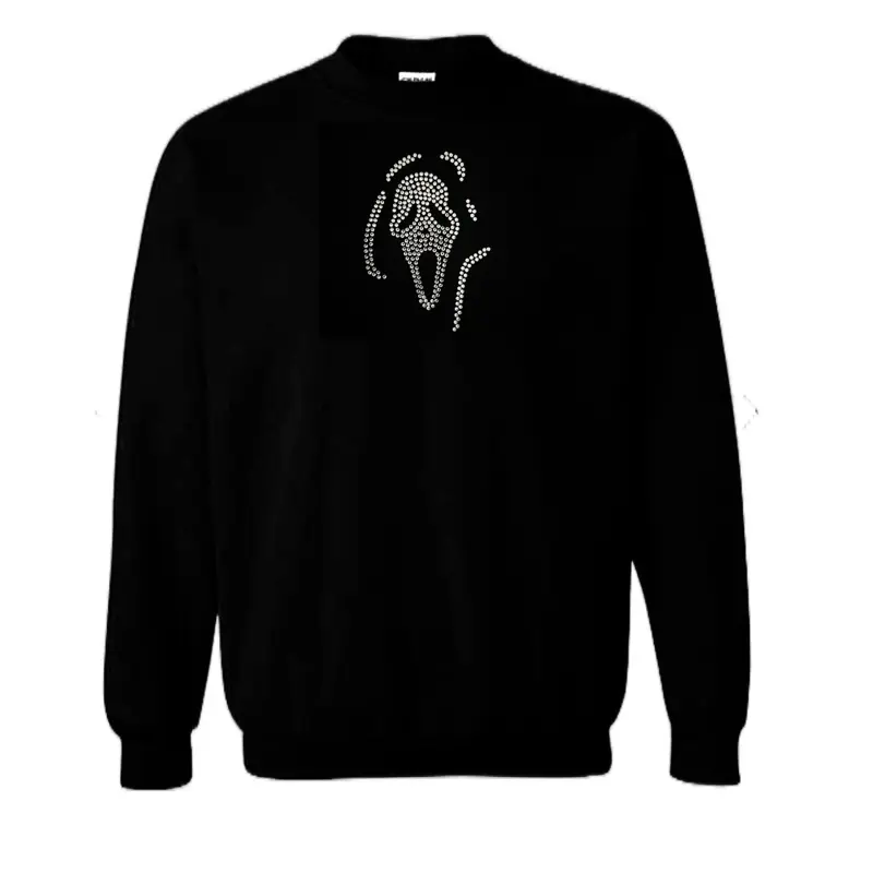 Ghostface Rhinestone Crewneck, Fall Crewneck, Rhinestone crewneck, rhinestone sweater, holiday Crewneck, cozy crewneck, cute sweater, Scream Movie, Scary Movie Sweater, Ghostface Sweater, Spooky Season Sweater Pullover Womenswear Sweatshirts