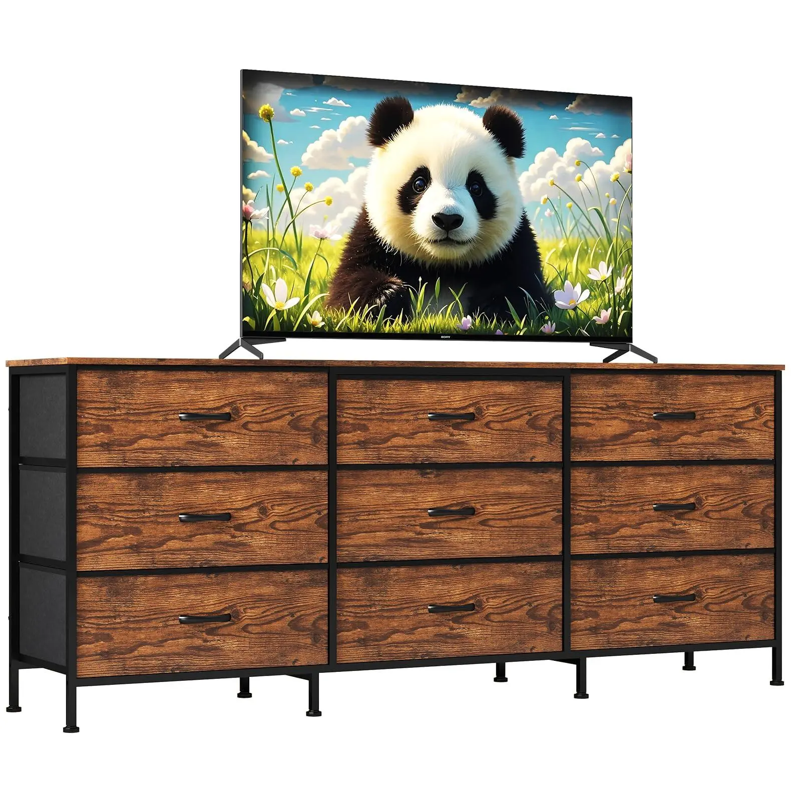 Gaomon Rectangular 63in TV Entertainment Center Single Unit - Sturdy 9-Drawer Fabric Dresser, Wide Stand for 55-70in Screens, Large Storage Cabinet, Metal Frame, Durable Particle Board Top, Adjustable Legs, Quick Setup for Bedroom/Nursery