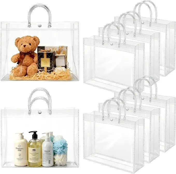 12-Pack Extra Large Clear Gift Bags with Handles – 16x12x6 Inch Reusable Plastic Party Favor Bags, Bulk Transparent PVC Tote Bags for Wedding, Baby Shower, Birthday & Halloween Gift Wrapping