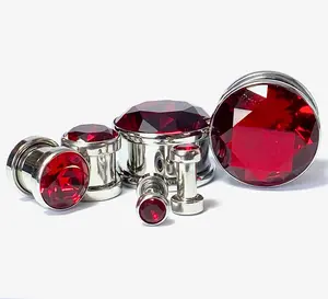 PAIR of Stunning Large Red CZ Gem Screw Fit Tunnels/Plugs - Gauges 4g (5mm) thru to 5/8" (16mm)