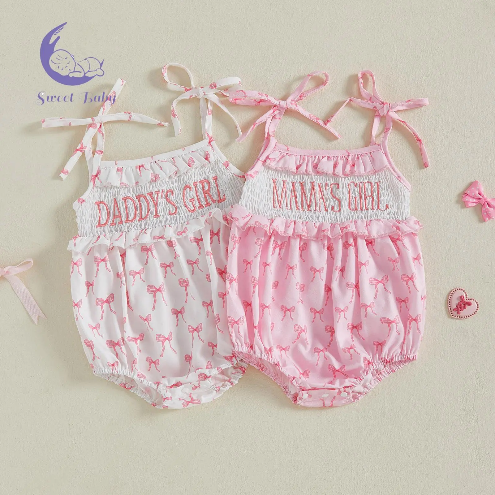 Baby Girl Soft Fabric Sleeveless Tie-Strap Bow Print Letter Embroidery Bodysuit - Newborn Casual Sweet Onesies, Snap Closure Newborn Outfits Girl