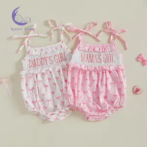 Baby Girl Summer Romper Sleeveless Tie Strap Bow Print Letter Embroidery Bodysuit Newborn Playsuit, Casual, Baby Girls Clothing