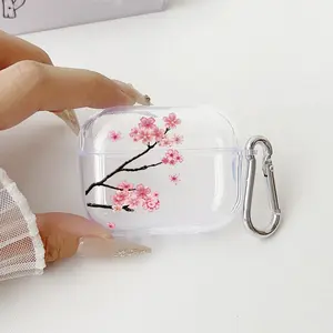 Cherry Blossom Grace Pattern TPU Soft Protective Case for Apple AirPods 4/3/2/1/Pro/Pro2 Transparent Earphone Cover with Keychain Attachment