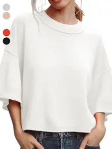 Skoinvb Women's Casual Cropped Short Sleeve Sweater - Lightweight Crewneck Knit Top, Trendy Summer Layering & Daily Casual Wear