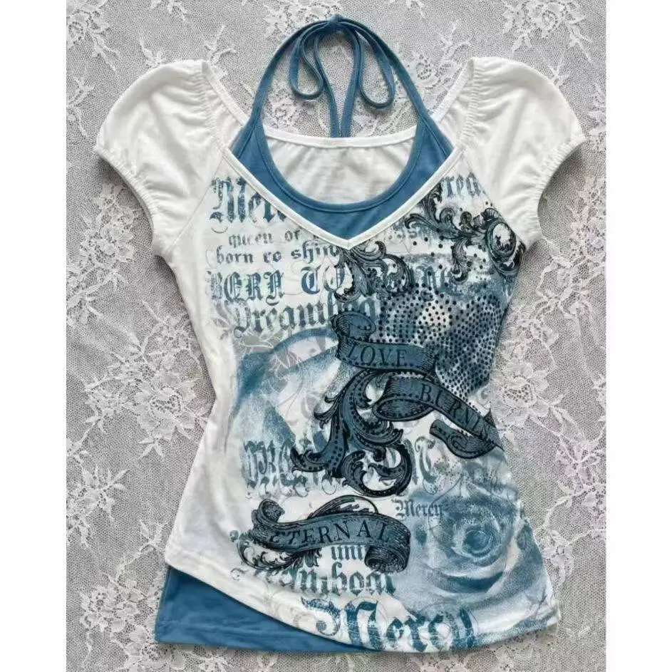Y2K Gothic Cross Wing Off-Shoulder T-Shirt – Slim Fit Short Sleeve Hot Girl Top for Women