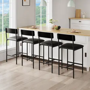 4-Piece Bar Stool Set – 25.5" – Upholstered, Back, Footrest – Rustic Black – For Kitchen Counter, Bar, Island – Easy Assembly