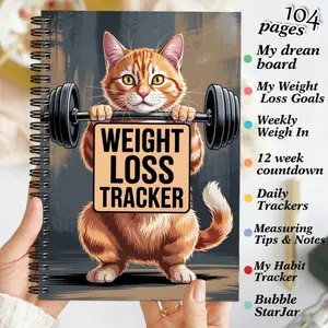 1 piece, 14.5x21 cm. Beginner weight loss plan fitness manual - Cute cat weight loss tracker for lifting weights, daily exercise schedule, goal tracking and progress record book, suitable for home use, outdoor walks, shaping exercises, diet monitoring and