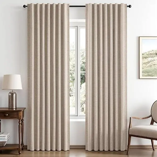 100% Blackout Linen Curtains for Bedroom, Beige Solid Luxury Decor Thermal Insulation Room Darkening Drapes for Living Room Back Tab Rod Pocket 42 x 84 Inches, 2 Panels