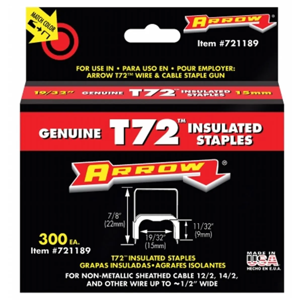 ARROW 212 MAIN T72 Series Carded Insulated Staples, UL & C-UL Listed, for 19-32in Wire, NM Sheathed Cable 12/2 & 14/2 & Wire Up to.50" Wide, Household Appliance Parts & Accessories Fasteners, For Nm Sheathed Cable 12/2, 14/2 & Wire Up To.50" Wide