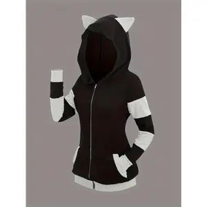 2025 Women's Autumn Winter Thickened Cat Ear Mid-Length Color Block Hooded Sweatshirt Jacket