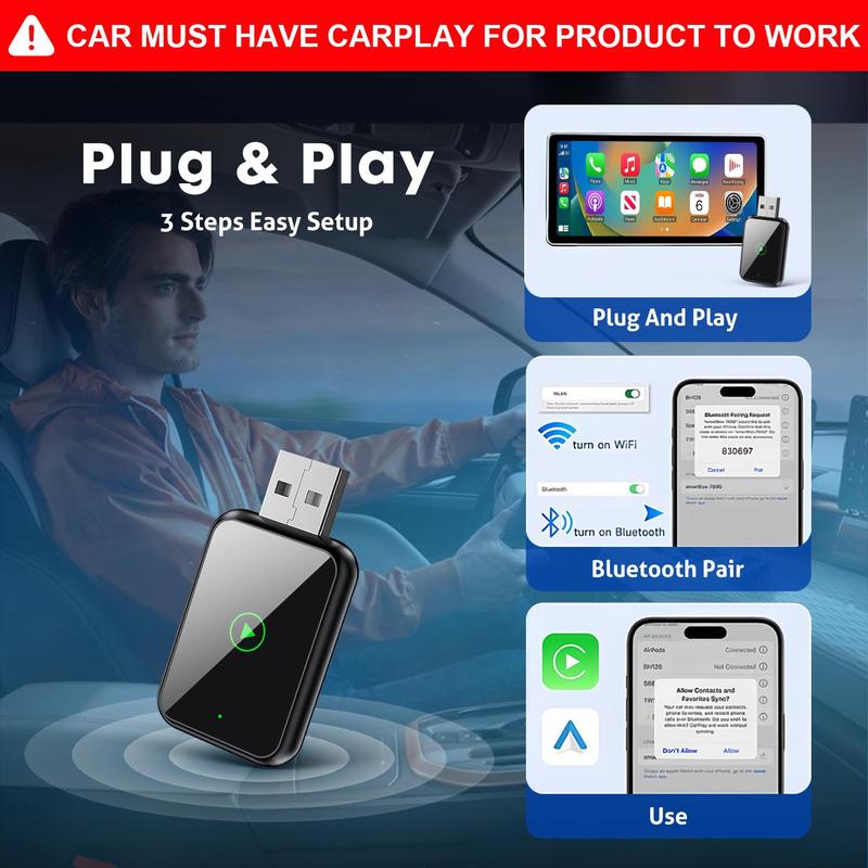 2026 Wireless CarPlay Adapter 2-in-1: Plug-and-play USB car connector, wired-to-wireless adapter compatible with iOS and Android systems. Note: This adapter is only suitable for vehicles that already have built-in wired CarPlay.