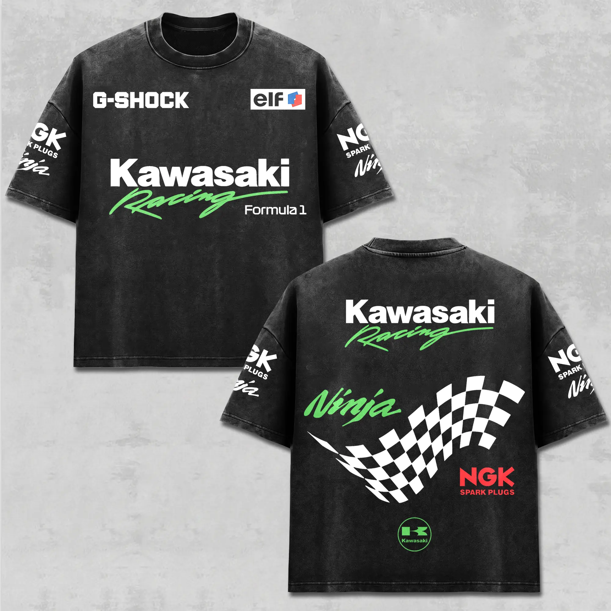 Retro NGK Spark Plugs x Kawasaki Ninja Racing T-shirt Acid Washed, MotorGP World Championship Enthusiast, Motorcycle Off-Road Dirt Bike Graphic Streetwear, Heavyweight Biker Shirt, Retro Moto Gear Motorbike Apparel Men’s Grunge Y2K Racing Tee Style