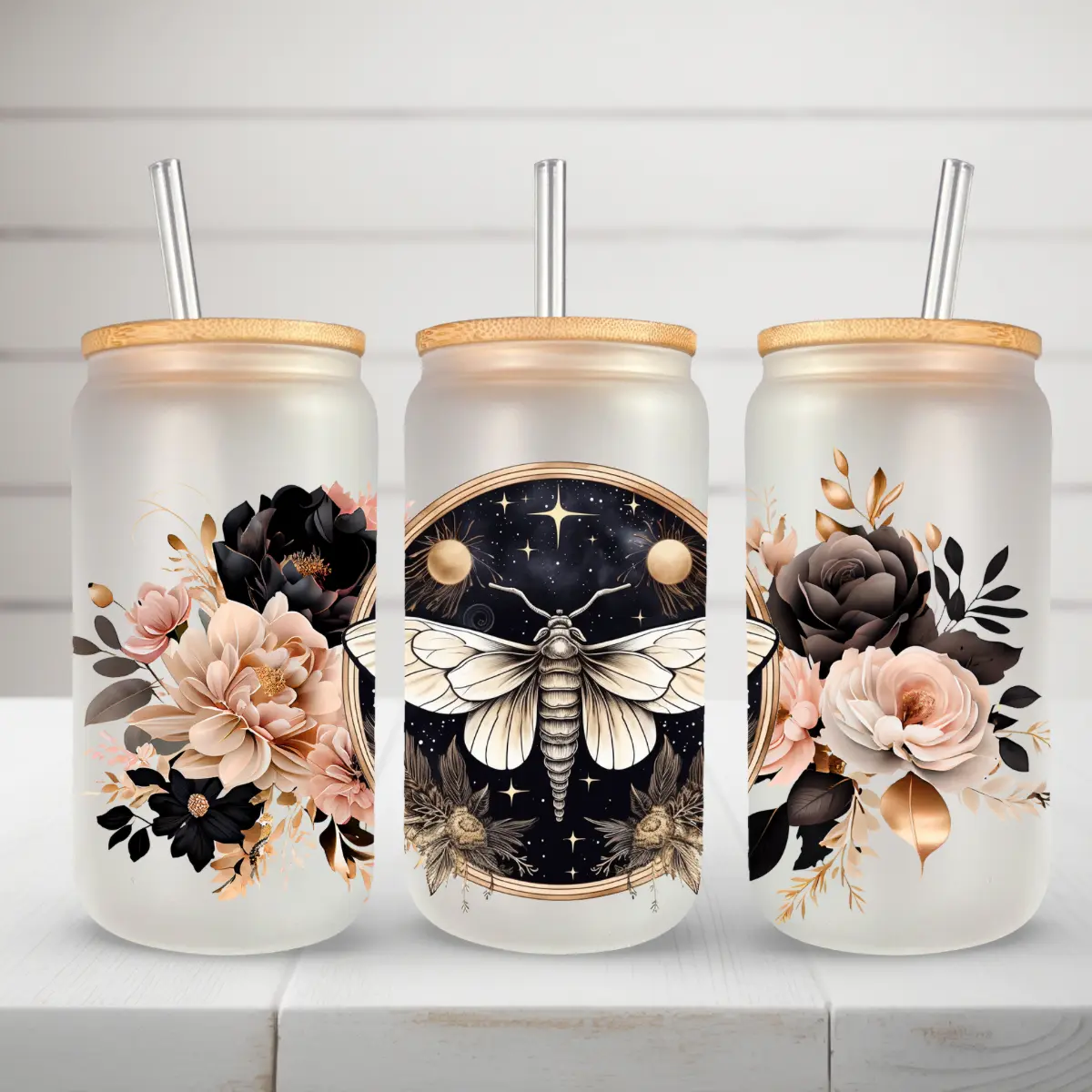 Dark Moth and Fowers 16oz Sublimation Beer Glass with Bamboo lid and Straw