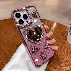 Electroplated diamond inlaid heart-shaped makeup mirror, three-dimensional butterfly shining phone case, Smartphone Accessories, Protector, iPhone 17 Pro Max 17 Air 16 Pro 15 Pro 14 Pro Max gradient anti-drop shockproof protective cover, Valentine's Day
