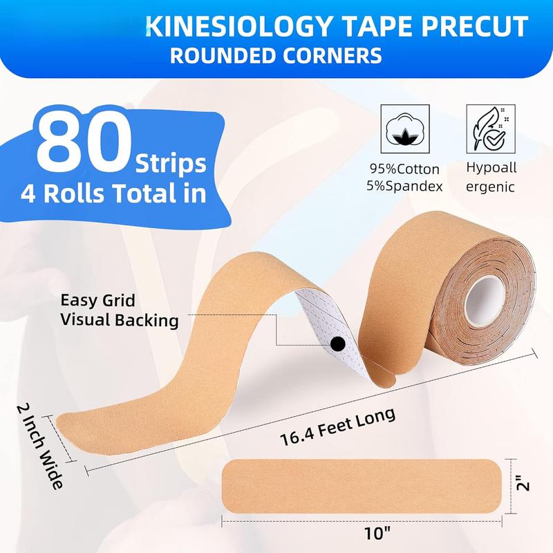 Kinesiology Tape Precut Strips - 4 Rolls Muscle Support & Pain Relief K Sport Tape, Waterproof & Breathable, Latex-Free, 2 inches x 16.4 Feet per Roll (Beige)