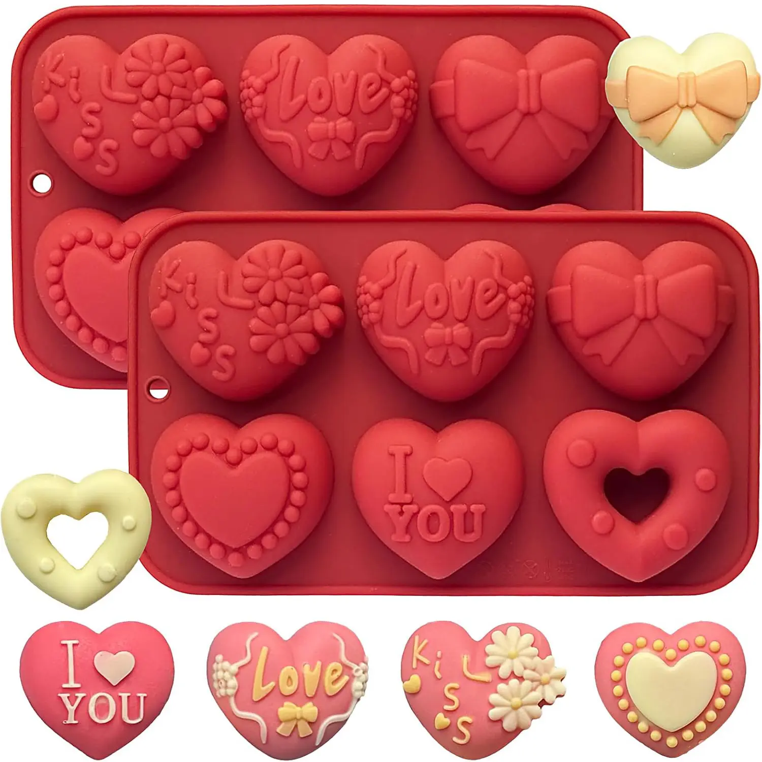 2 Pack Silicone Heart Mold, 6 Unique Valentine's Day Chocolate Molds,Heart Shapes Silicone Baking Mould for Cake Chocolate Mousse, Food Grade Non-Stick Flexible Mould Oven Safe