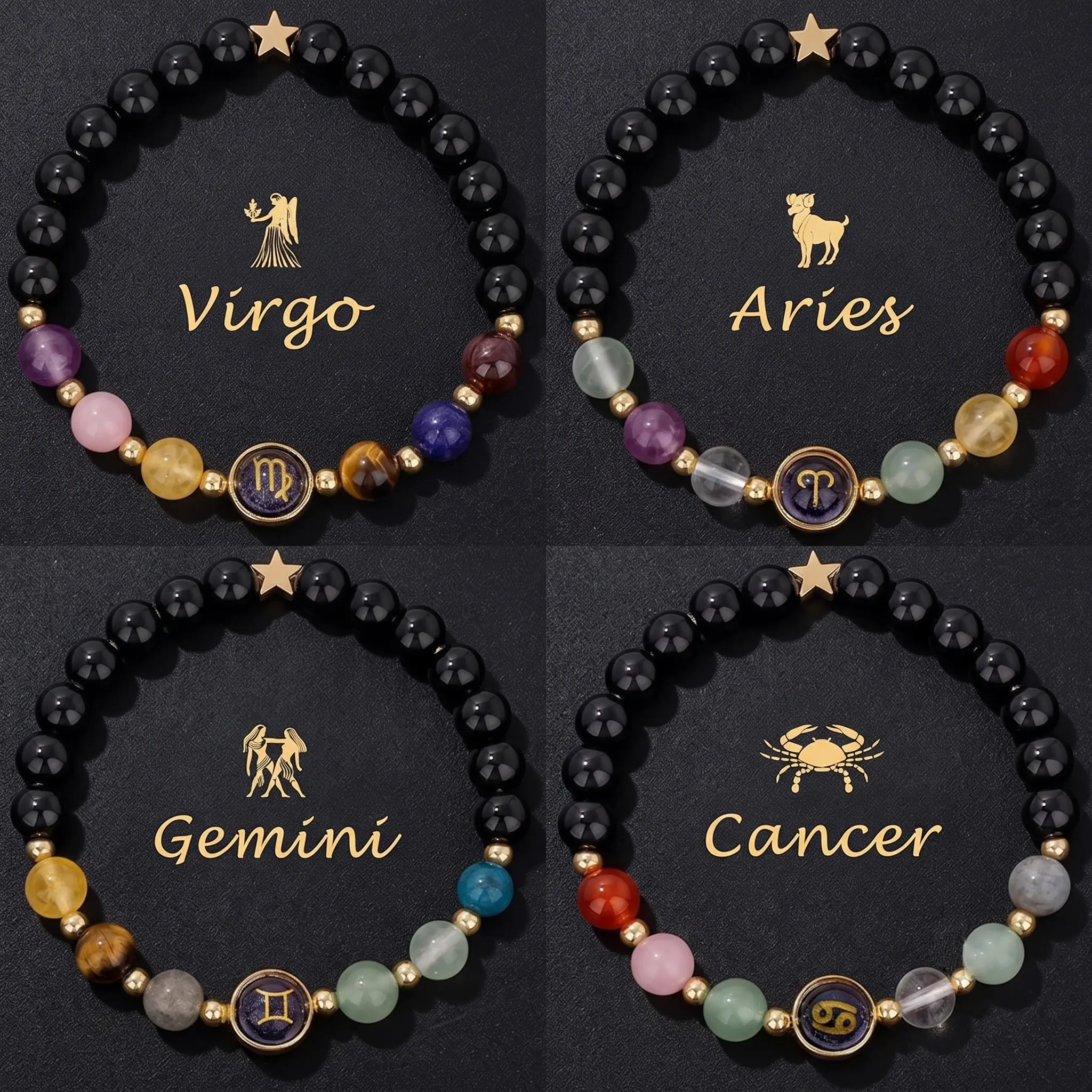Zodiac Bracelets for Women 12 Constellations Natural Crystal Stone Beaded Bracelet with Greeting Card, Birthday Horoscope Energy Bracelet Yoga Meditation Jewelry Gifts for Her backtoschool
