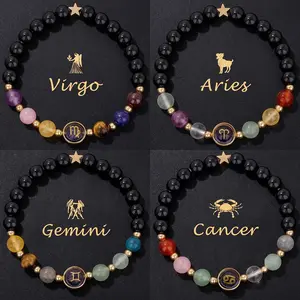 Zodiac Bracelets for Women 12 Constellations Natural Crystal Stone Beaded Bracelet with Greeting Card, Birthday Horoscope Energy Bracelet Yoga Meditation Jewelry Gifts for Her summerwins