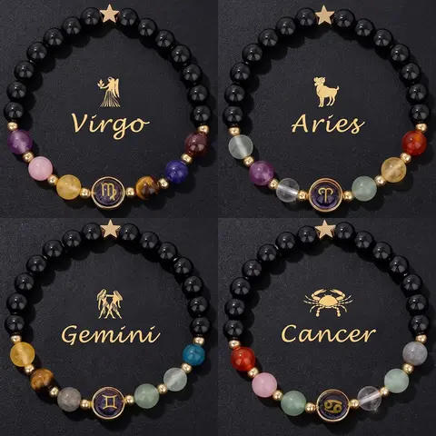 Unisex Zodiac Crystals Bracelets - 12 Constellations Elegant Beaded Healing Crystal Jewelry, Aries-Gemini Astrological Accessory, Inspirational Everyday Wear with Greeting Card, Gifts for Female Adults