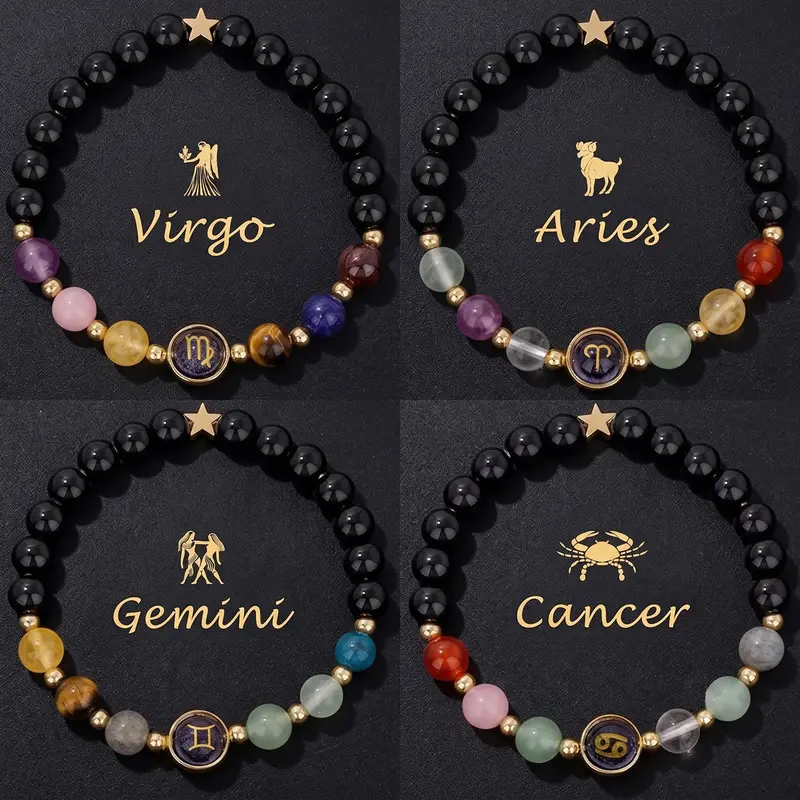 Unisex Zodiac Crystals Bracelets - 12 Constellations Elegant Beaded Healing Crystal Jewelry, Aries-Gemini Astrological Accessory, Inspirational Everyday Wear with Greeting Card, Gifts for Female Adults