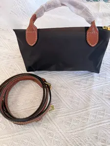 Foldable Nylon Tote Bag with Leather Trim, Le Pliage Style Cosmetic Organizer, Lightweight Water Resistant Handbag for Work & Travel