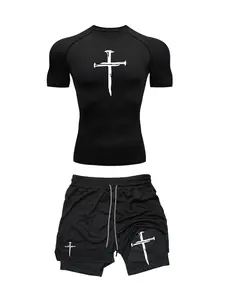 Men's Cross Print Short Sleeve Tee & 2 in 1 Drawstring Waist Shorts Sportswear Set, Casual Round Neck T-shirt & Pocket Track Shorts, Summer Sportswear Set for Outdoor Running, Athletic Sports Clothing