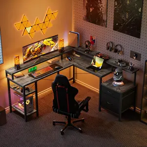 66.93" L Shaped Desk with Storage Drawers, Gaming Desk with Power Outlet & LED Light Strip,Computer Desk, Corner Desk with Shelves for Home Office Workstations
