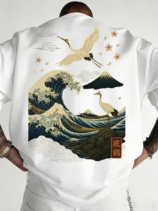 Men's Japanese Ukiyo-E Style White T-Shirt with Crane, Wave, and Mt.Fuji Back Print, Ideal for Casual Wear and Cultural Events