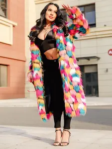 Women's Colorblock Faux Fur Jackets, Street Fashion Long Sleeve Coat for Daily Outdoor Wear, Women Clothing for Fall & Winter, Jackets, Fashion Casual Outerwear