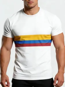 Men's Columbia Flag Striped Print T-Shirt, Blue National Pride Round Neck Short Sleeve Top, Sporty Loose-Fit All-Season Clothing