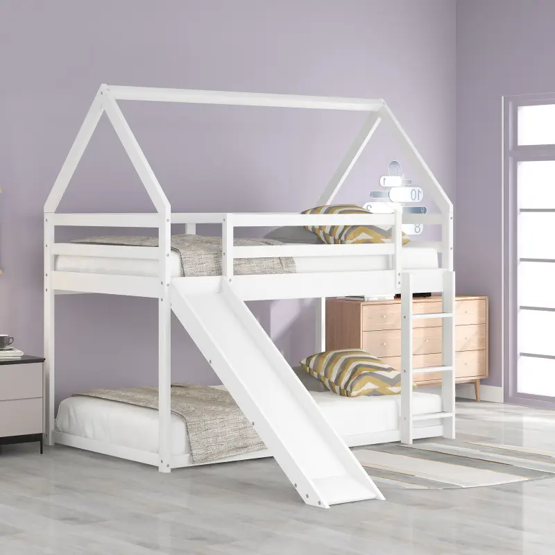 SOIYELIFE White Twin Size Bunk House Bed with Slide and Ladder, Perfect for Kids' Rooms, Safe and Fun Design