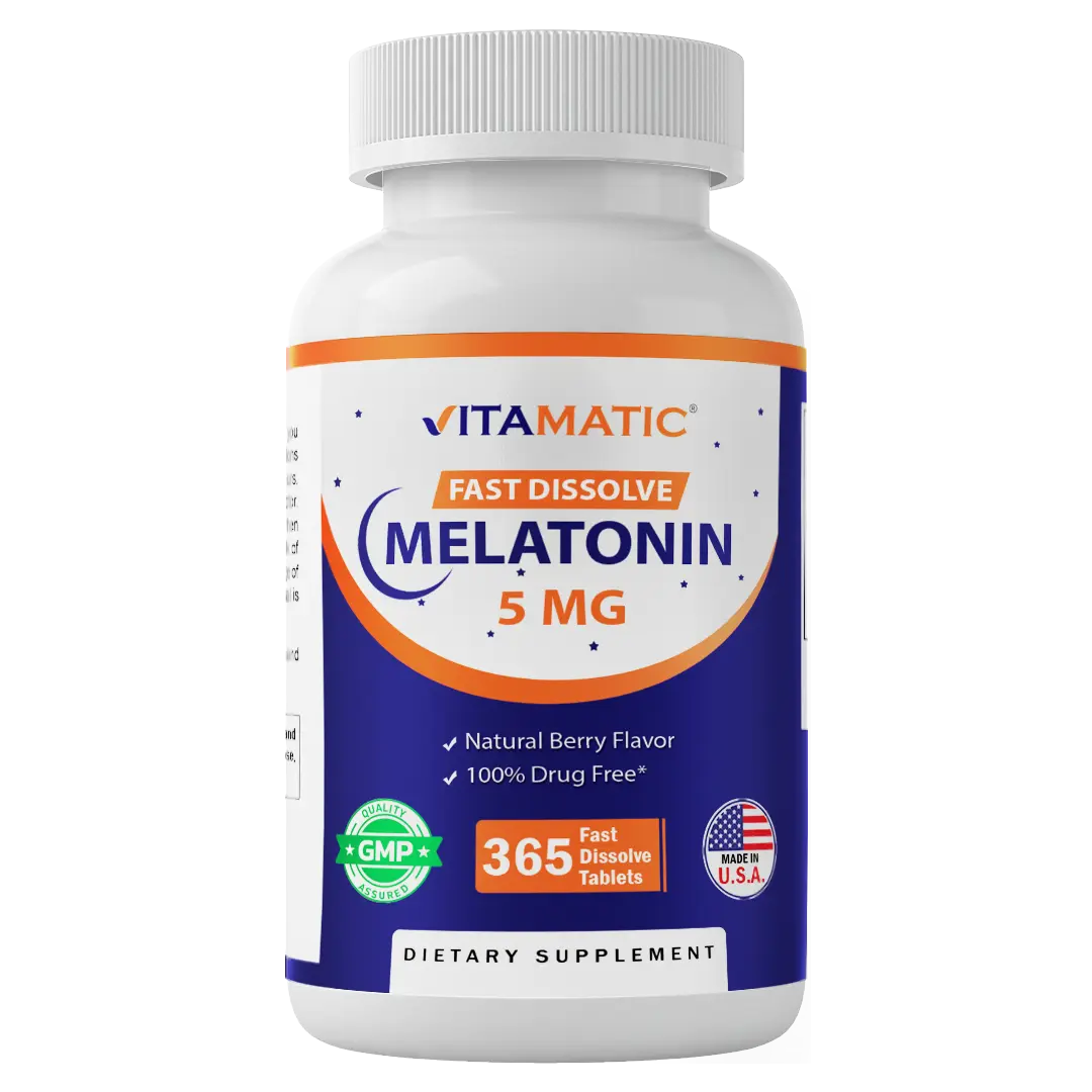 Vitamatic Melatonin 5mg Tablets | Vegetarian, Non-GMO, Gluten Free | 1 Year Supply | Natural Berry Flavor - 365 Tablets Healthcare Supplement