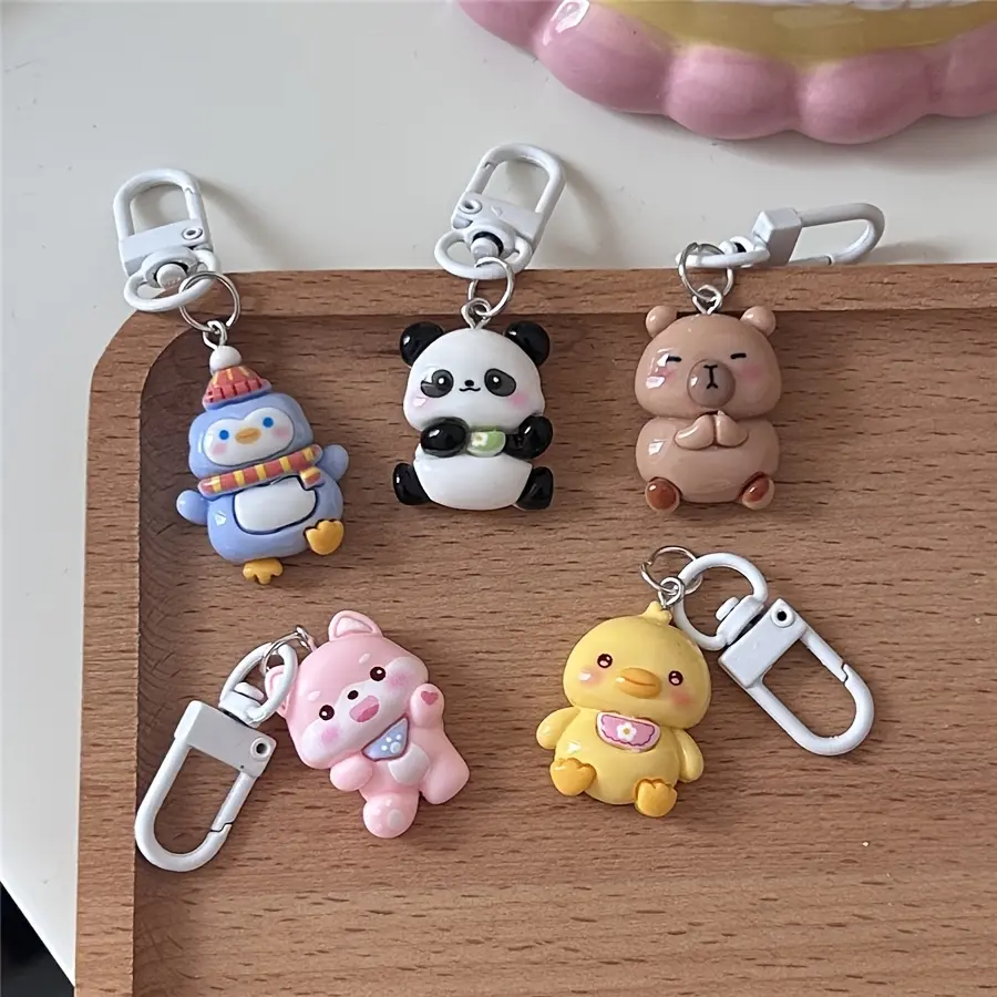 5/25pcs Adorable Cartoon Animal Keychains - Panda, Duck, Bear, Penguin & Chick - Glossy Alloy/Resin Charms with Lobster Clasp for Couples & Best Friends Gifts Keychain Set Keychain Included