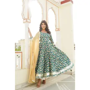Teal Green Hand Block Anarkali