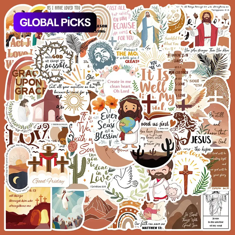 Jesus Themed Stickers, 50PCS Waterproof Durable Plastic Decorative Stickers with 1 Storage Box, for Phone Case, Laptop, Skateboard, Scrapbook, Journal, Earphone Casing, Accessories #GLOBAL PICKS