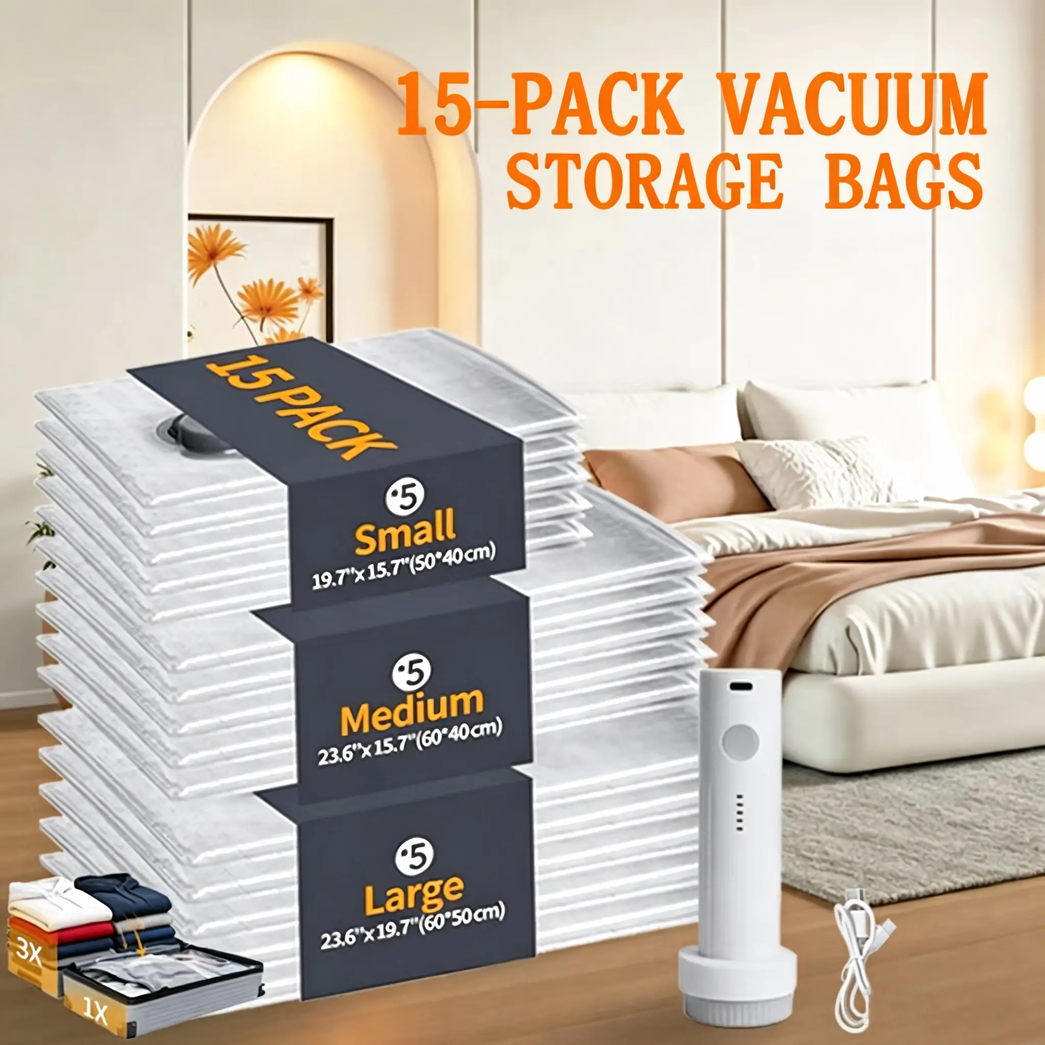 Vacuum Bags For Travel,Cordless Travel Vacuum Bag Set with Rechargeable Air Pump,Waterproof & Reusable Space Saver for Clothes & Packing, Vacuum Storage Compression Bag Set-Perfect for Carry-On Suitcases,clothe travel zipperpouches